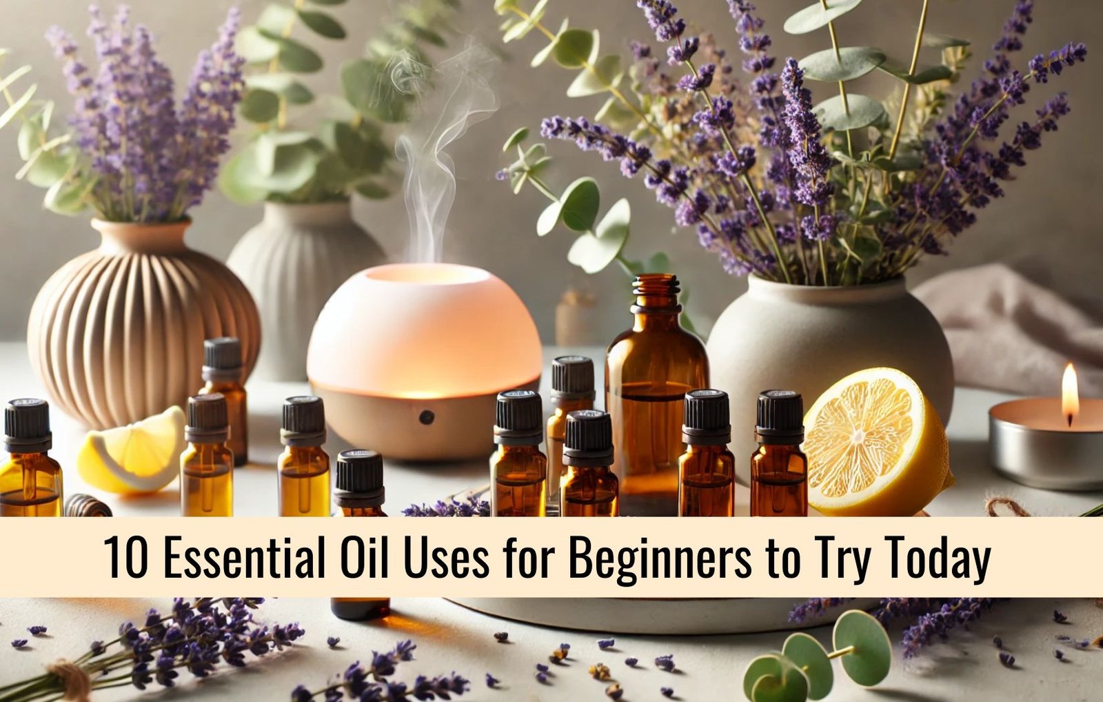 a table display of essential oil bottles, herbal plants and a diffuser with puff of steam